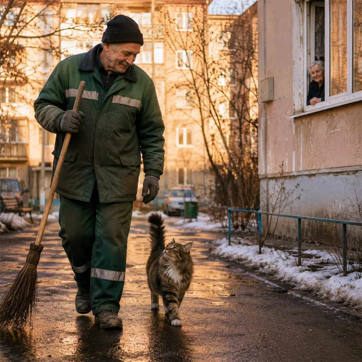 Кот каждое утро провожал дворника до дальнего подъезда